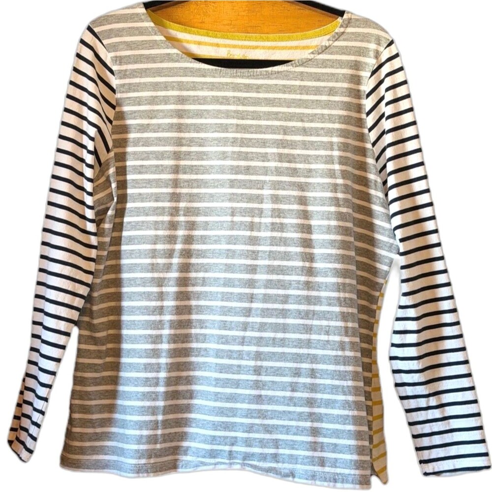 Boden Mixed Stripe Long Sleeve Tee Top Gray White Navy Yellow Size 16 EUC